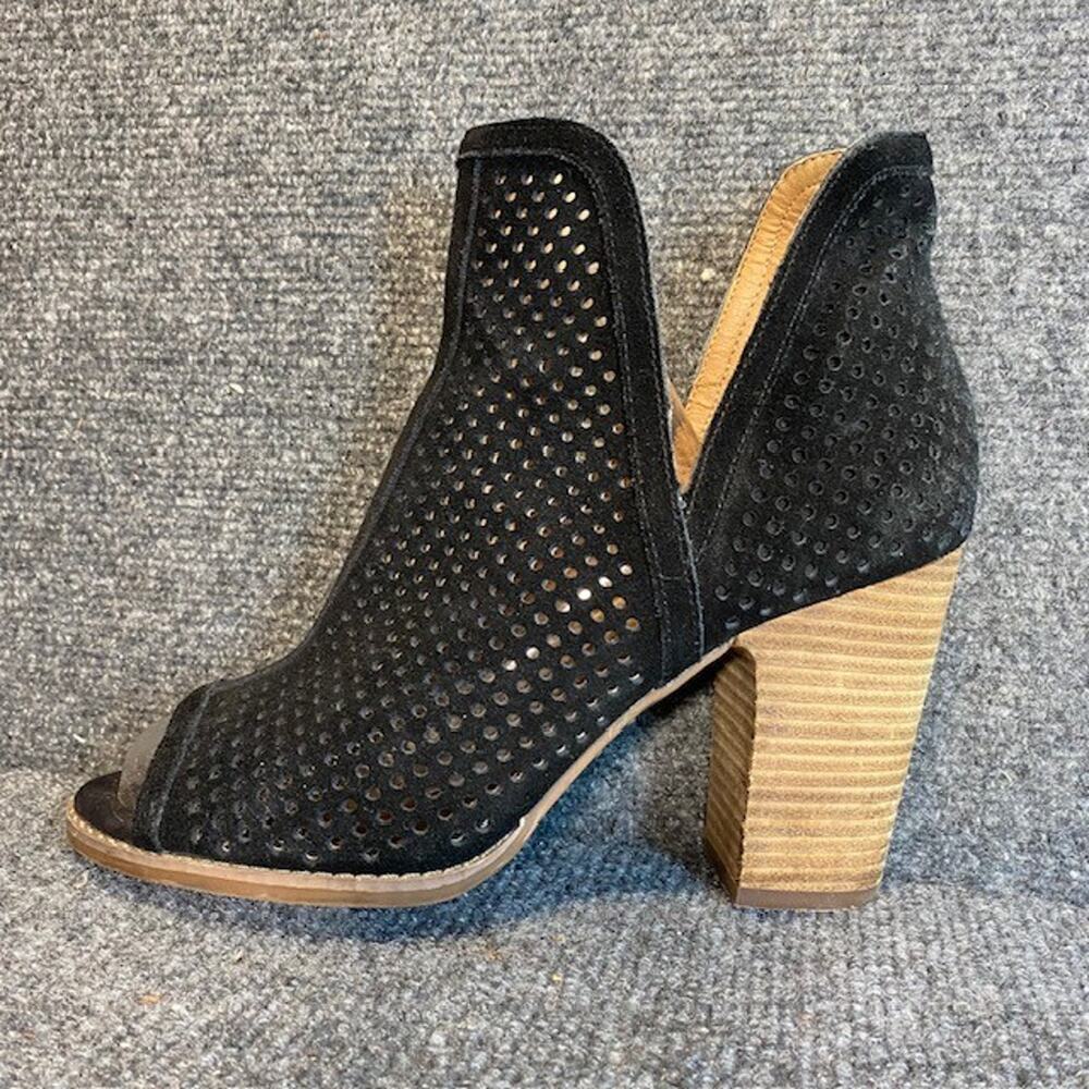 Lucky Brand Larise Bootie Women 9 Black Suede Perforated Open Toe Heels Shoes